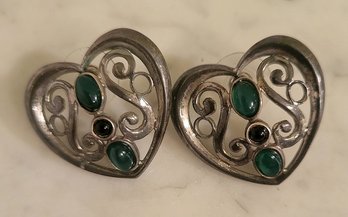 STERLING ONYX & GREEN ENCHANTED HEART POST EARRINGS