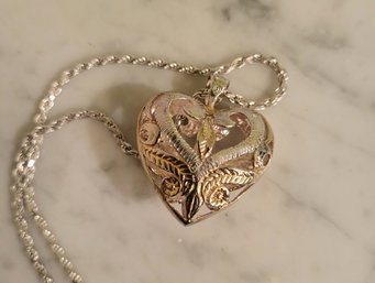 STERLING ROPE CHAIN (30'L) WITH TWO TONE FILIGREE HEART PENDANT