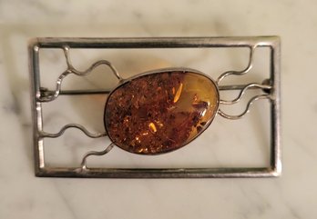 LARGE SILVERTONE AMBER PIN