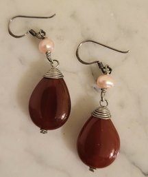 STERLING CORNELIAN & FAUX PEARL DROP EARRINGS