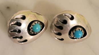 STERLING BEAR PAW PIERCED EARRINGS WITH TURQUOISE CENTER STONE