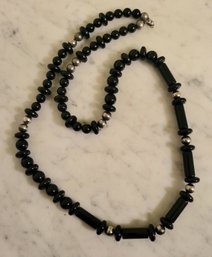 MARKED STERLING ONYX BEADED CHAIN NECKLACE--28'L