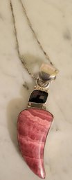 STERLING RED CRYSTAL & RHODOCHROSITE PENDANT NECKLACE---29'L