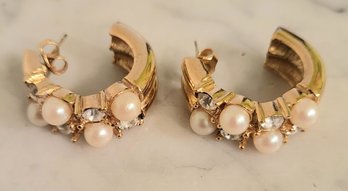 MARKED 'RICHELIEU' FAUX PEARL & CRYSTALS HOOP EARRINGS-PIERCED