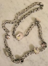 'LOFT' SILVERTONE CHAIN NECKLACE WITH INTERTWINED CRYSTALS & DIFFERENT SIZE PENDANT CHARMS--28'L