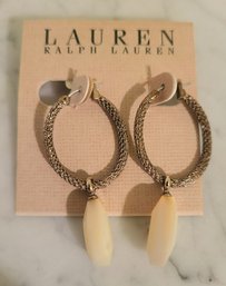 GOLDTONE 'RALPH LAUREN' HOOP EARRINGS WITH FAUX MOTHER OF PEARL CHARM--NEW