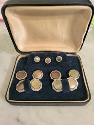 ART DECO BLACK MOTHER OF PEARL 9 PIECE SET-- 2 CUFF LINKS, 4 BUTTONS, & 3 COLLAR STUDS