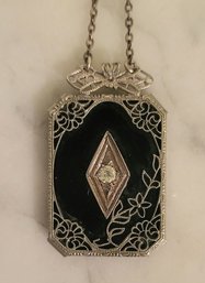 MARKED STERLING CHAIN WITH ONYX & DIAMOND    PENDANT--21 1/2'L