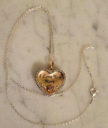 MARKED RL 925 CHINA 3 TONE STERLING ' I LOVE YOU MORE' HEART PENDANT WITH CRYSTALS & ROSE ON STERLING CHAIN