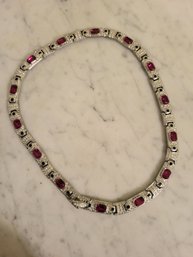 SILVERTONE RED, BLACK & CLEAR CRYSTALS NECKLACE--17'L