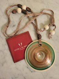 ANTICA MURRINA VENEZIA LARGE, ROUND BEIGE, TEAL & BROWN PENDANT ON GOLD CHAIN--IN ORIGINAL BOX-16'L