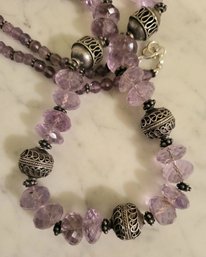 AMETHYST BEADED CRYSTAL NECKLACE WITH STERLING BEADS & SILVERTONE HARDWARE--30'L