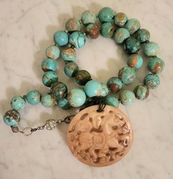 TURQUOISE BEADED NECKLACE WITH HORSE STONE PENDANT--26'L