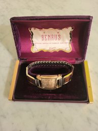 'BENRUS' 10K ROLLED GOLD PLATE BEZEL STAINLESS STEEL BACK WATCH--IN ORIGINAL BOX