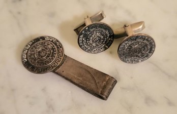 MADE IN MEXICO-'TENCHA' STERLING TIE PIN & CUFF LINKS SET W/AZTEC SUN CALENDAR