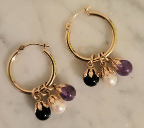 14K YELLOW GOLD ONYX, AMETHYST & CULTURED PEARL CHARM HOOP PIERCED EARRINGS