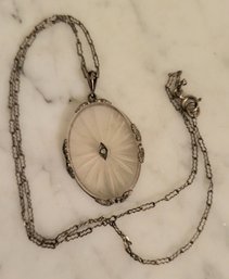 STERLING SILVER ART DECO  Camphor CENTER & CARVED COLORLESS QUARTZ PENDANT NECKLACE--17'L