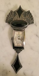 ART DECO STYLE 'JUDITH JACK' STERLING, MARCASITE & ONYX WATCH BROOCH