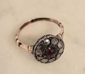 ANTIQUE 10K DIAMOND/GARNET & MARCASITE COCKTAIL RING (SIZE 6)