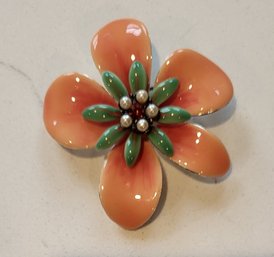 VINTAGE SILVERTONE FLORAL PIN WITH CORAL & TEAL ENAMEL & PEARL BEADS