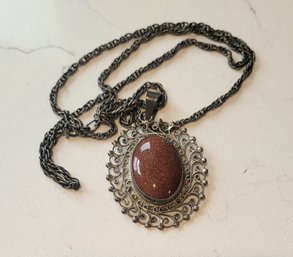 VINTAGE 925 STERLING NECKLACE WITH Large Brown  PENDANT-24'L