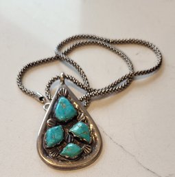 VINTAGE NATIVE AMERICAN SILVER NECKLACE WITH PENDANT W/ GENUINE TURQUOISE--16'L