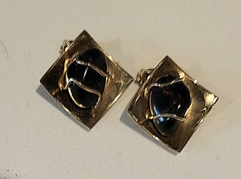 VINTAGE GOLDTONE SQUARE CLIP ON EARRINGS WITH DARK COLORED STONE