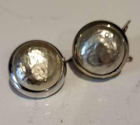 VINTAGE RARE! 'JUDITH MC CANN'WINGBACK EARRINGS'  -SILVERTONE WITH HAMMERED CENTER