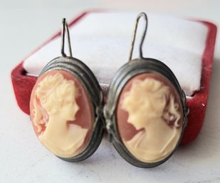 ANTIQUE HAND CARVED PORTRAIT  STERLING SILVER(925) PIERCED CAMEO EARRINGS