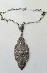 VINTAGE STERLING FILIGREE PENDANT  W/ 2.25' DROP- WITH PARTIAL CHAIN