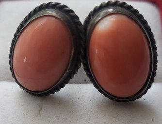 ANTIQUE   STERLING SCREW BACK EARRINGS WITH CORAL COLOR STONE