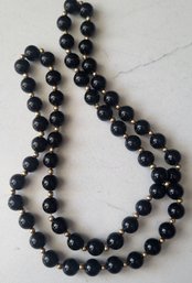 VINTAGE BLACK BEADED NECKLACE WITH GOLDTONE ACCENTS