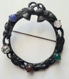 ANTIQUE VICTORTIAN SILVERTONE WREATH PIN WITH COLORED STONES