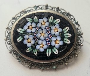 ANTIQUE  VICTORIAN MARKED ITALY MICRO MOSAIC SILVERTONE BROOCH WITH FILIGREE EDGES-Millefiori