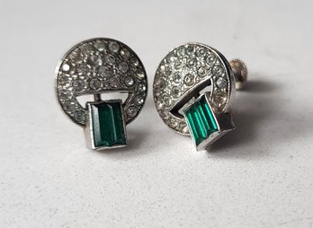 ANTIQUE  SILVERTONE SCREWBACK EARRINGS WITH RHINESTONES & EMERALD GREEN STONES- ATTRIBUTED TO CORO