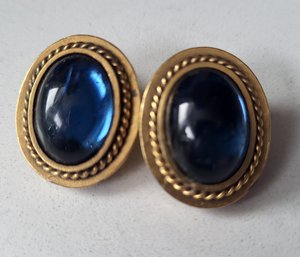 VINTAGE MARKED 'YSL' -Yves St. Laurent GOLDTONE CLIP ON EARRINGS WITH BLUE STONE