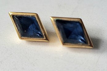 VINTAGE GOLDTONE DIAMOND SHAPE PIERCED EARRINGS WITH BLUE STONES