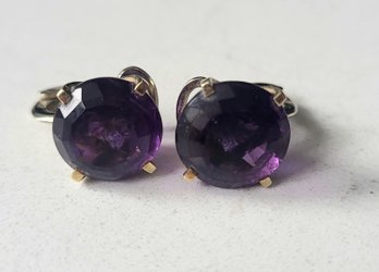 VINTAGE 14K- MARKED 585- AP    ROUND FACETED AMETHYST CLIP ON EARRINGS