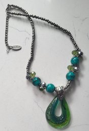 VINTAGE 'JULES C' SILVERTONE NECKLACE WITH LARGE GREEN PENDANT & BEADS
