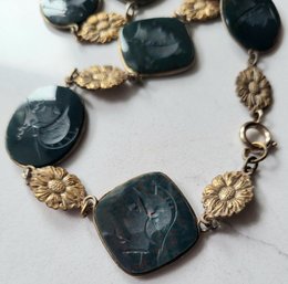 ANTIQUE VICTORIAN INTAGLIO CARVED GOLD FILLED NECKLACE WITH ROMAN SOLDIERS---17'L