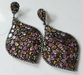 CONTEMPORARY MODERN Runway Sterling Silver  EARRINGS WITH NATURAL SEMI PRECIOUS STONES & RHINESTONE BORDER