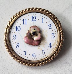 ANTIQUE PORCELAIN FACE   GOLDTONE CLOCK PIN/PENDANT WITH PANSY