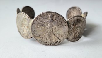 VINTAGE SEVEN   USA SILVER COINS HAND- CRAFTED CUFF BRACELET W/ ANTIQUE STANDING LIBERTY CENTER COIN!
