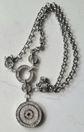 VINTAGE SILVER Tone NECKLACE SIGNED   'BVLGARI' MEDALLION PENDANT W/ FROSTED GLASS AND RHINESTONES