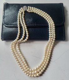 ANTIQUE  MARKED 14 KG  WHITE GOLD &  THREE STRAND GRADUATED PEARL NECKLACE IN ORIGINAL LEATHER CASE