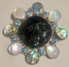 VINTAGE STERLING SILVER 925 -ABALONE, MOTHER OF PEARL,TOPAZ & CARVED OBSIDIAN MOON FACE BROOCH/PENDANT--59.9g