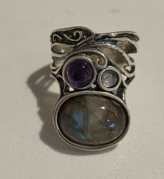 VINTAGE STERLING SILVER LABRADORITE MOON STONE & AMETHYST TEXTURED COCKTAIL RING--SIZE 9