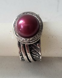 VINTAGE STERLING SILVER 925 MOVABLE BAND DYED CULTURED PEARL RING--SIZE 9