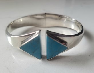 VINTAGE STERLING SILVER TS 131-925-MEXICO TURQUOISE INLAY CUFF BRACELET---59.7g