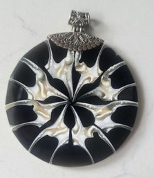 VINTAGE STERLING SILVER BF 925 LARGE CARVED INLAY PENDANT